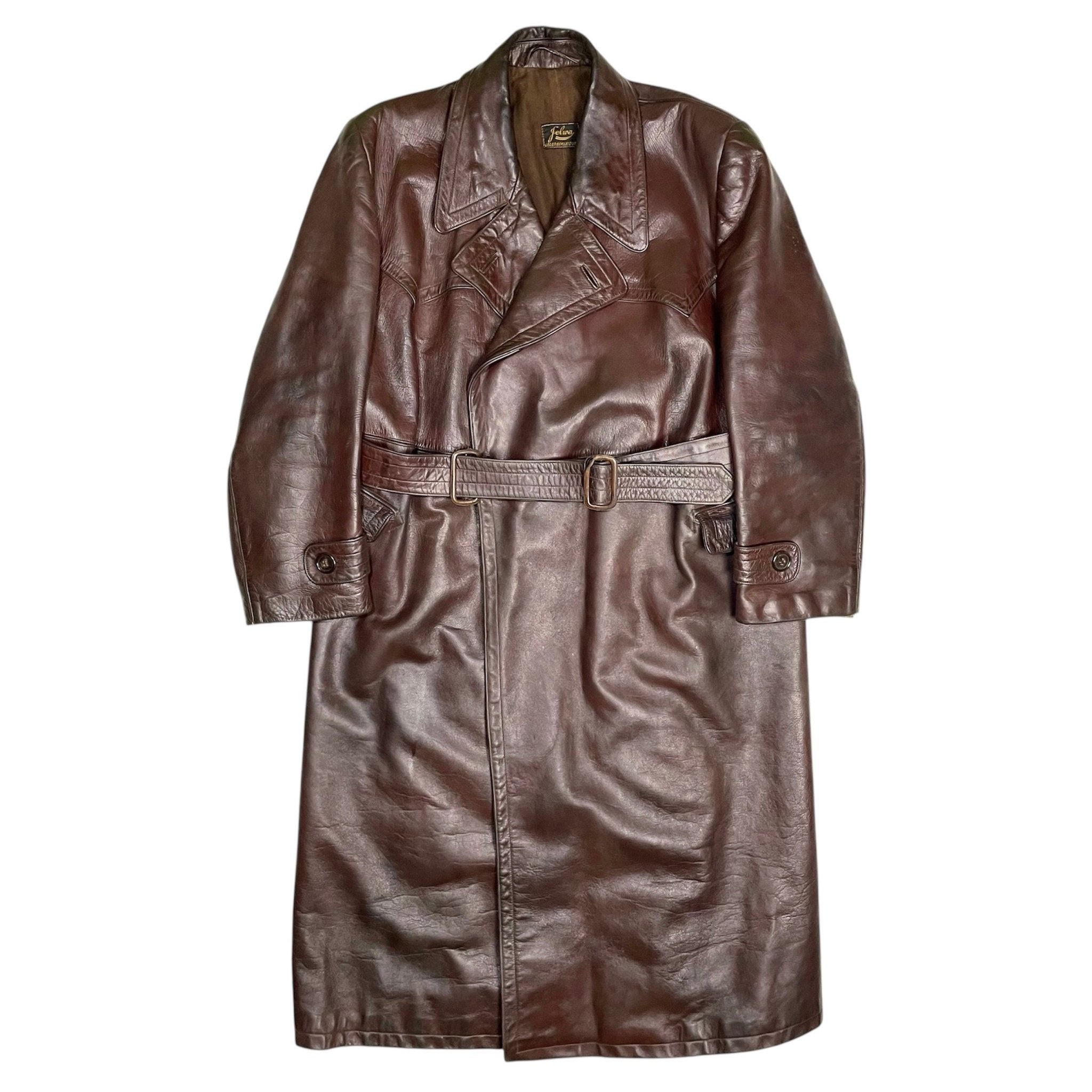 1930s German Officer Leather Overcoat - Large